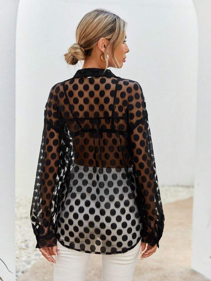 CM-TS207729 Women Casual Seoul Style Polka-Dot Mesh See-Through Long-Sleeved Shirt