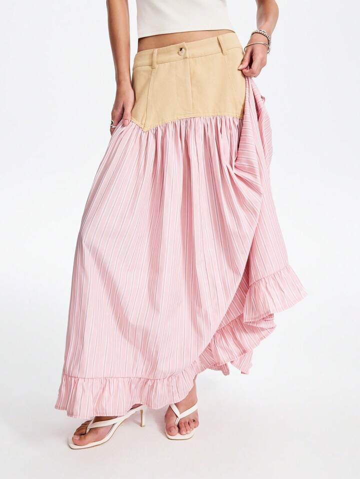 CM-BS028786 Women Casual Seoul Style Striped Asymmetric Patchwork A-Line Ruffle Hem Skirt