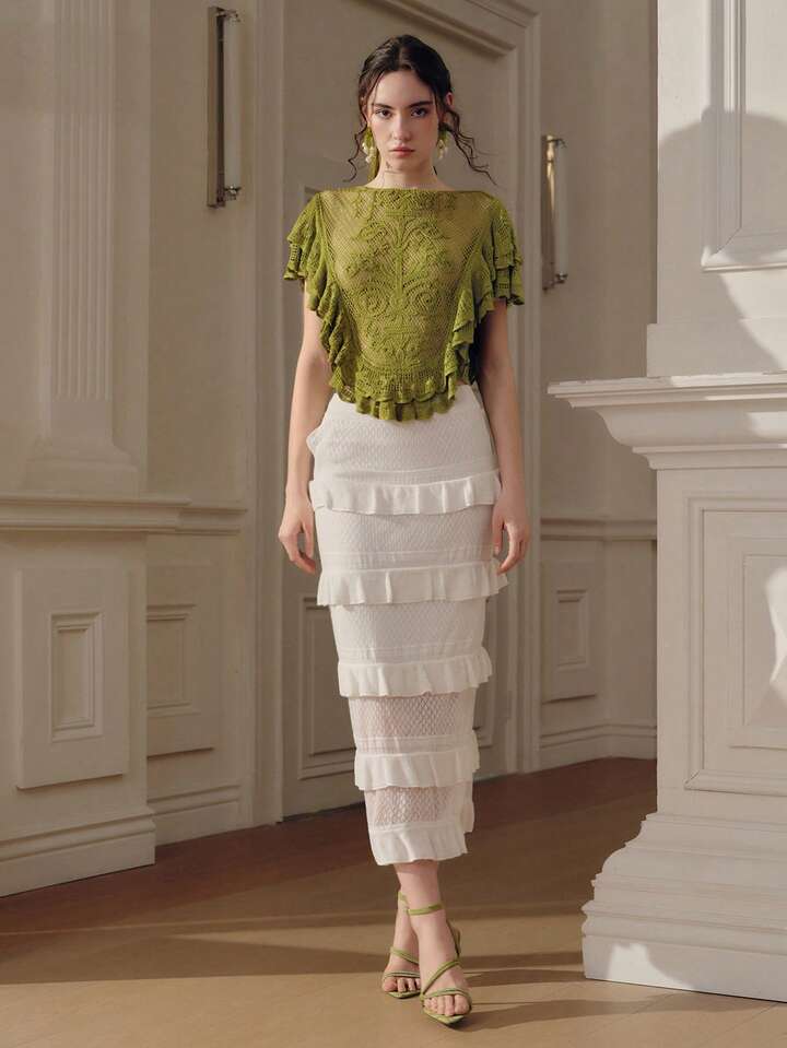 CM-TS299668 Women Elegant Seoul Style Round Neck Sleeveless Elastic Ruffled Hem Cropped Top - Green
