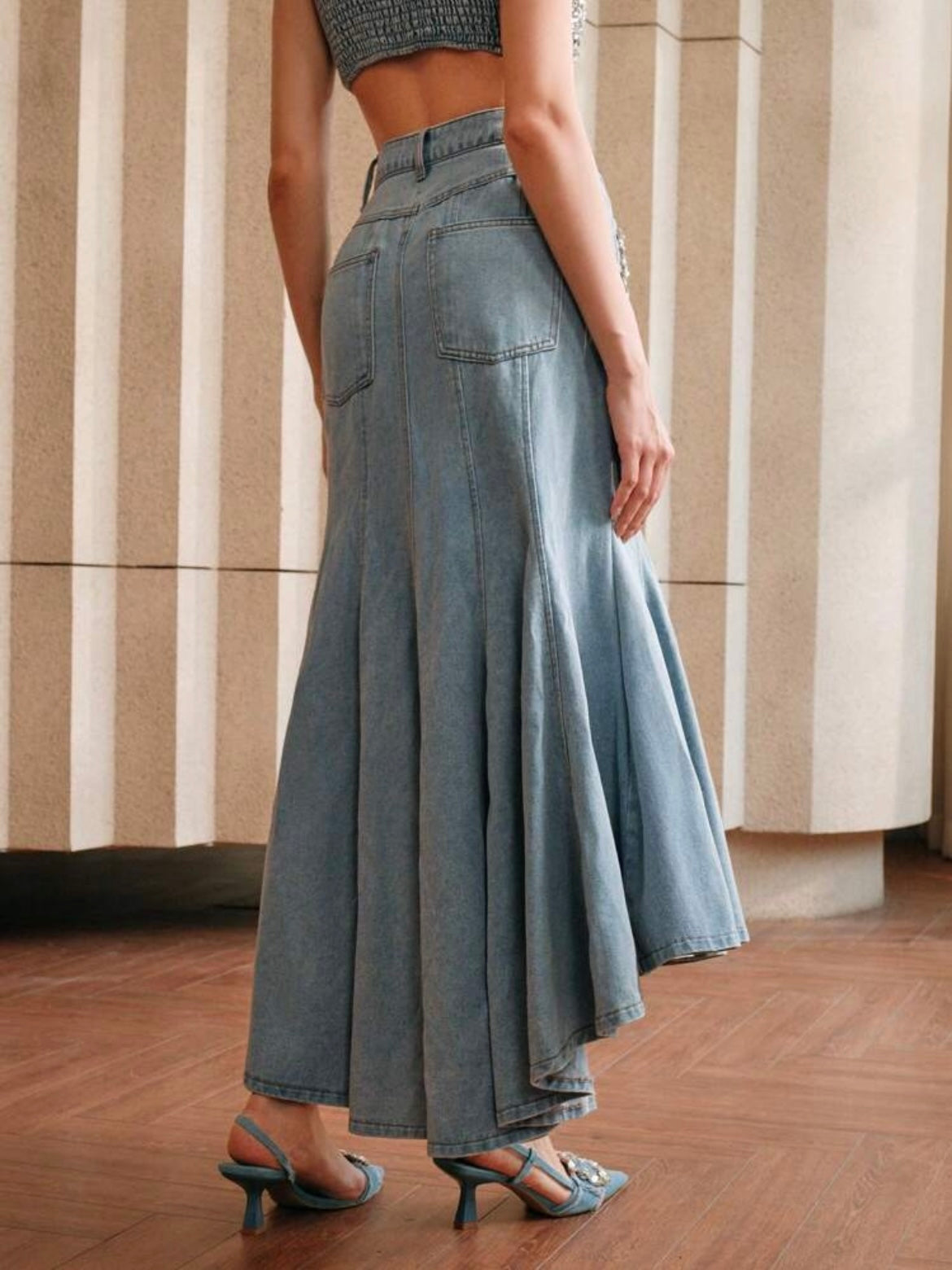 CM-BS729728 Women Elegant Seoul Style Rhinestone Embellished Mermaid Denim Skirt - Blue
