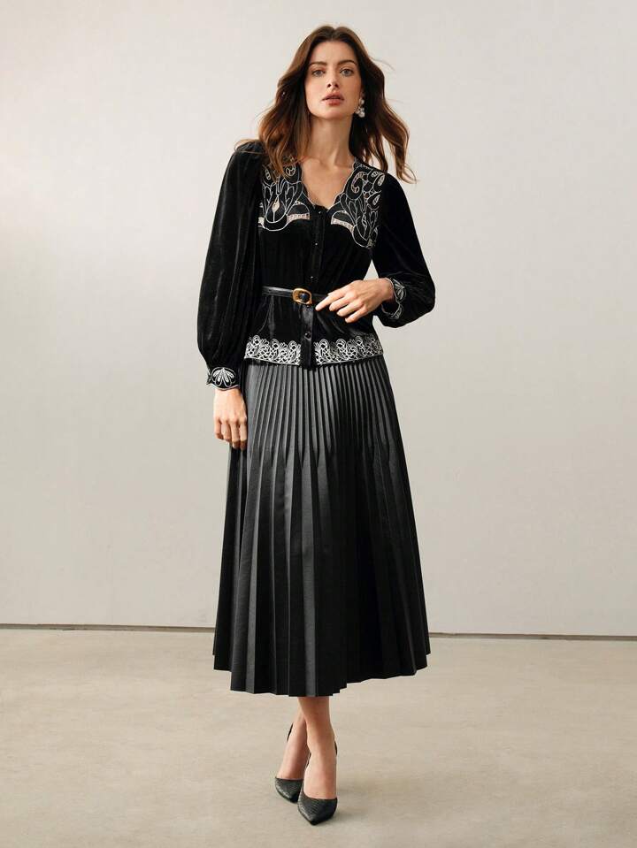 CM-TS192317 Women Elegant Seoul Style V-Neck Lantern Sleeve Velvet Hollow Embroidery Belted Blouse - Black