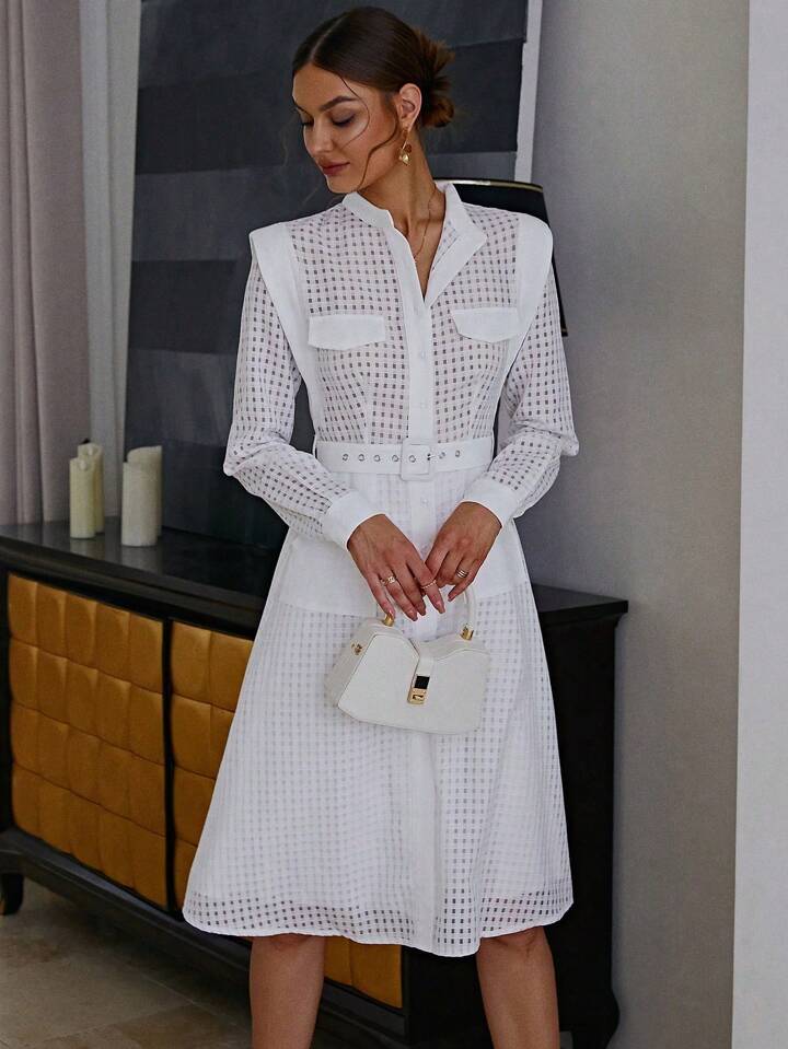 CM-DS131190 Women Elegant Seoul Style Stand Colar Long Sleeve Midi Dress - White