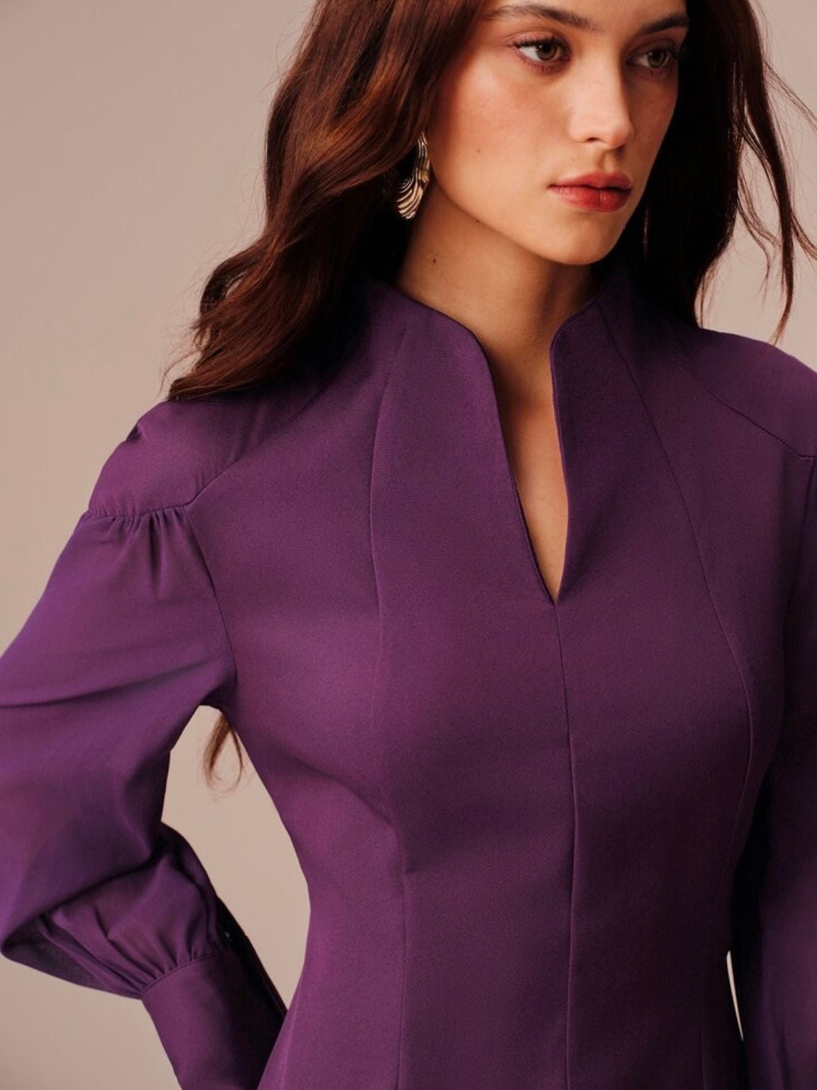 CM-DS873232 Women Elegant Seoul Style Chiffon V-Notch Stand Collar Sheer Puff Sleeves Mermaid Hem Long Dress