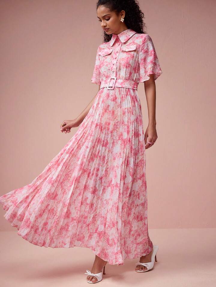 CM-DS632377 Women Elegant Seoul Style Floral Print Lapel Neckline Short Sleeve Belt Pleated Hem Dress