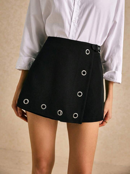 CM-BS055532 Women Casual Seoul Style High Waist Metal Ring Zipper Straight Skort - Black