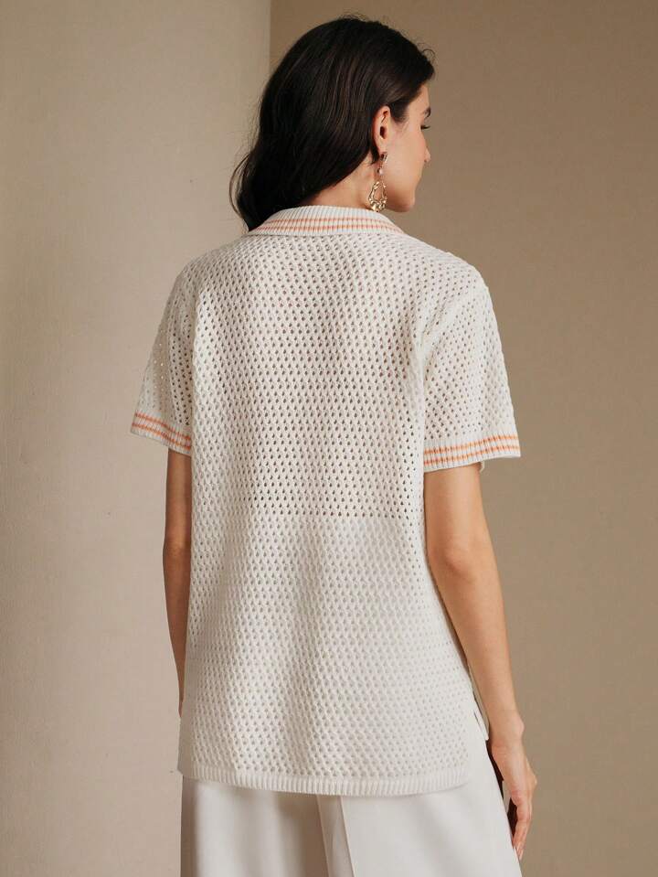 CM-TS135189 Women Casual Seoul Style Starfish Embroidery Seashell Polo Neckline Short Sleeve Knit Top