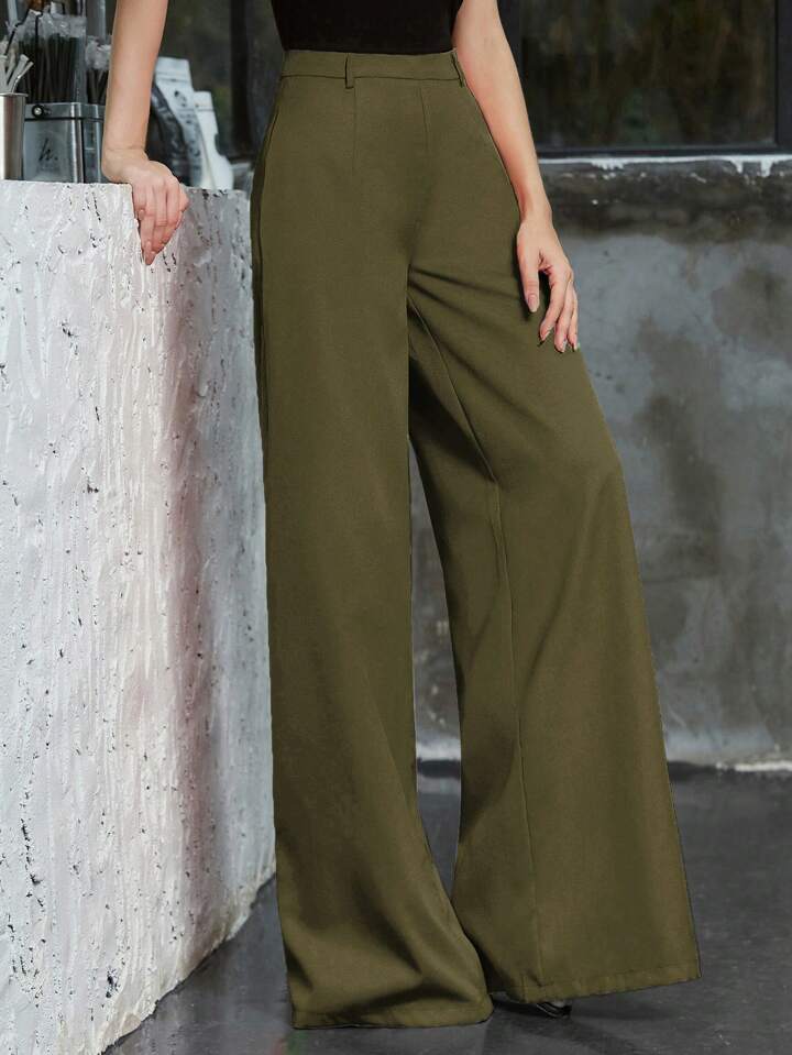 CM-BS181217 Women Elegant Seoul Style Solid Mid Waist Zip Back Wide Leg Pants - Army Green