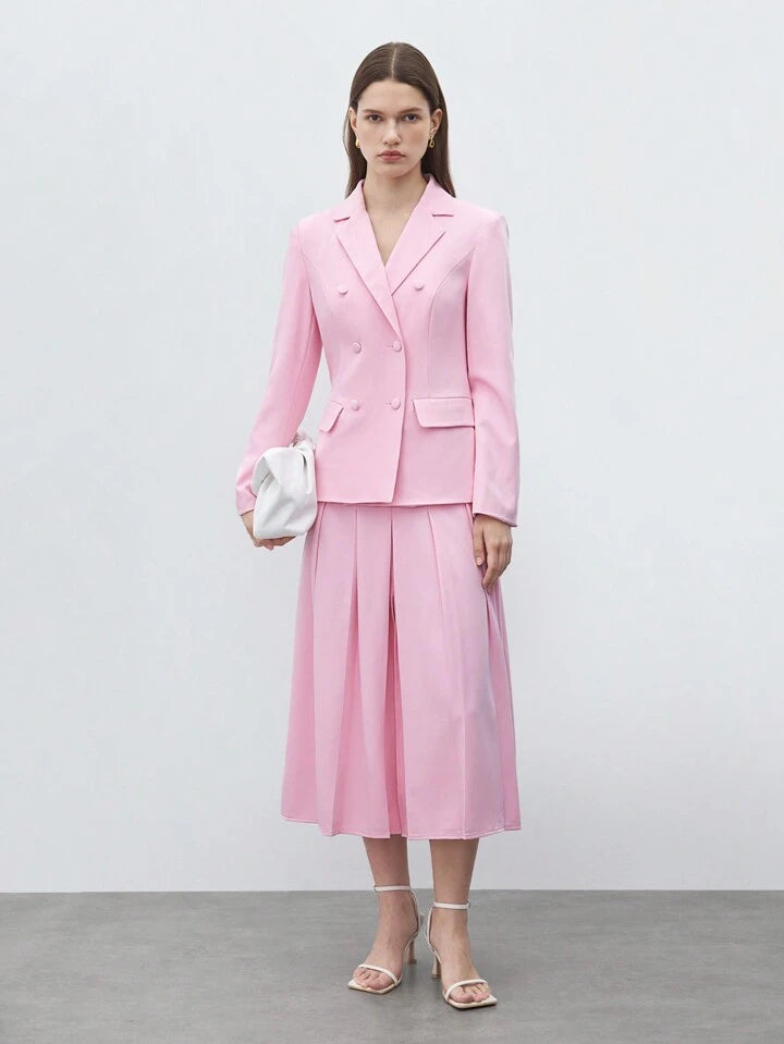 CM-SS175609 Women Elegant Seoul Style Patch Pocket Long Sleeve Blazer With Pleated Midi Skirt - Set