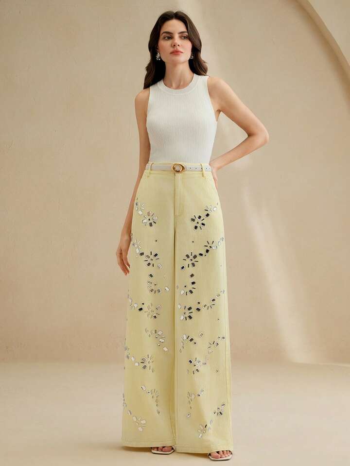CM-BS166262 Women Casual Seoul Style Baggy Rhinestone Decor Pocket Wide Leg Denim Jeans - Yellow