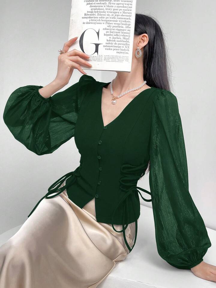 CM-TS801224 Women Elegant Seoul Style Sheer V-Neck Puff Lantern Sleeves Lace-Up Detail Blouse - Dark Green
