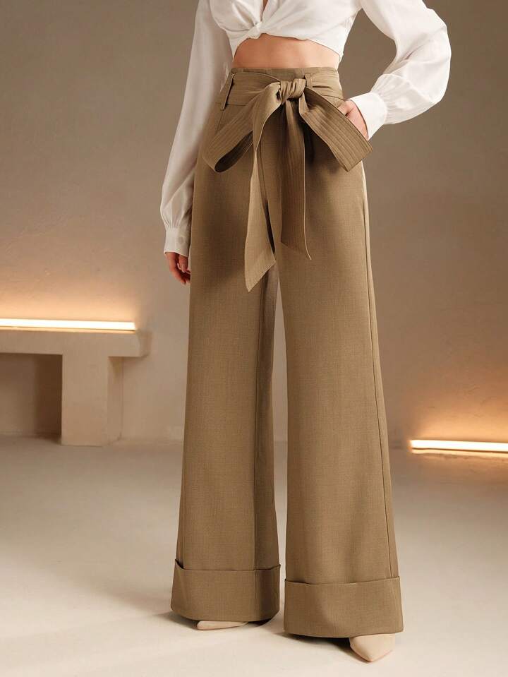CM-BS011306 Women Elegant Seoul Style High Waist Belted Wide Leg Pants - Khaki