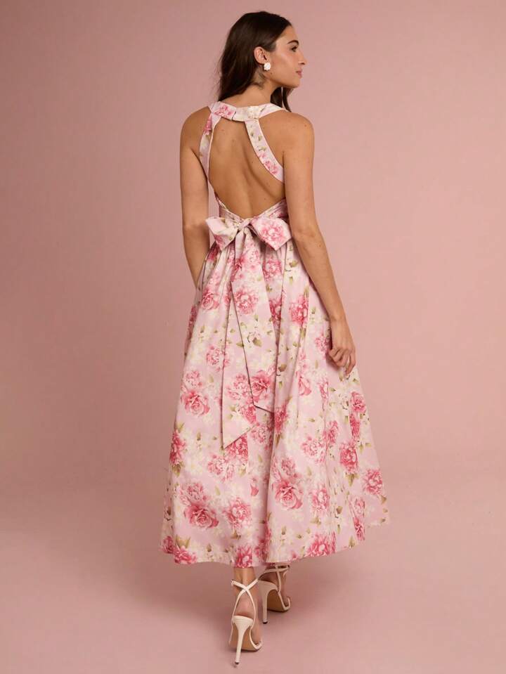 CM-DS532932 Women Elegant Seoul Style Floral Print Sleeveless Big Bowknot Backless Long Dress