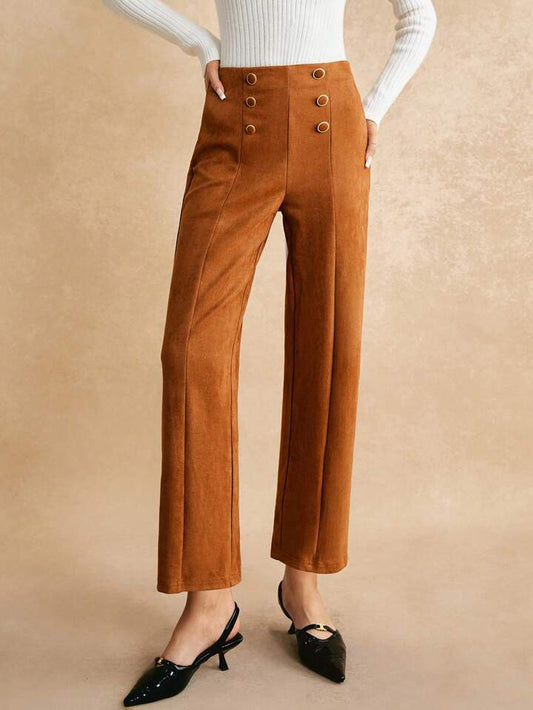 CM-BS014459 Women Trendy Bohemian Style Suede Front Decorative Button Long Pants - Brown