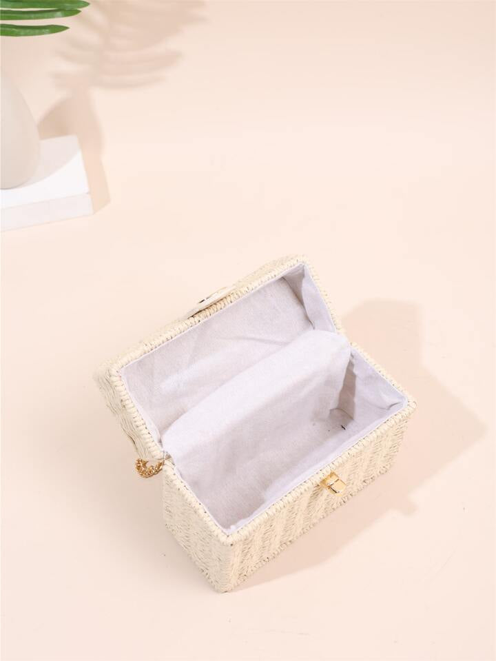 CM-BGS698559 Women Trendy Seoul Style Minimalist Twist Lock Flap Straw Bag - Beige