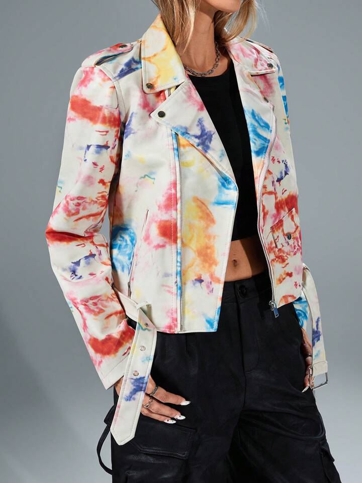 CM-CS707839 Women Casual Seoul Style Graffiti Print Double Breasted Long Sleeve PU Jacket