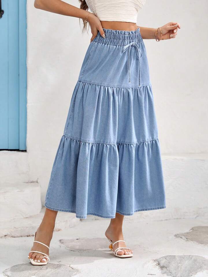CM-BS575095 Women Trendy Bohemian Style Loose Elastic Waist Denim Skirt - Blue