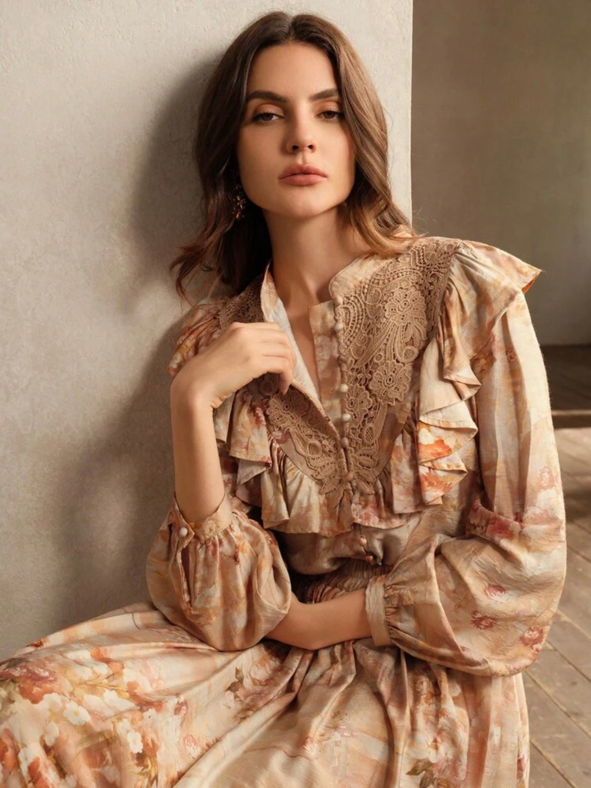 CM-TS379818 Women Elegant Seoul Style Floral Print Lace Ruffled Trim Blouse