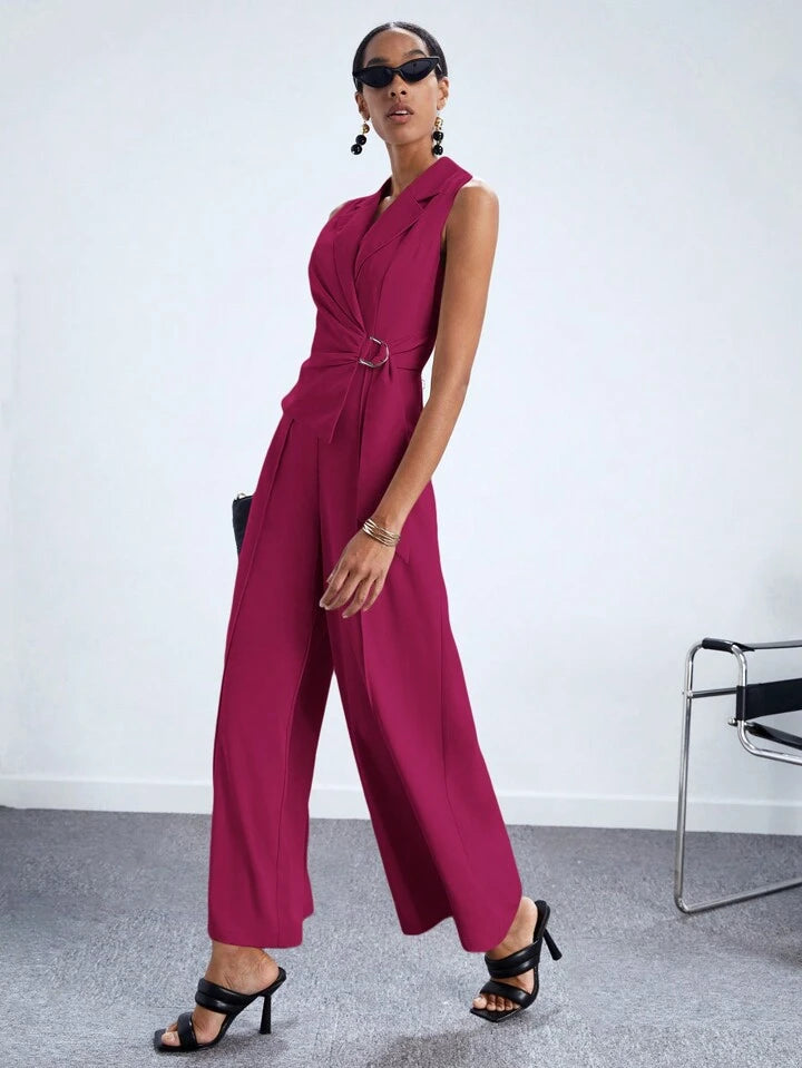 CM-JS558911 Women Elegant Seoul Style Lapel Neckline Sleeveless Wide Leg Jumpsuit - Hot Pink