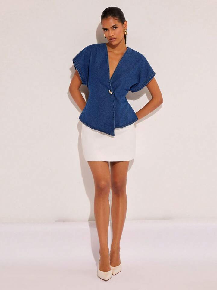 CM-TS555469 Women Casual Seoul Style Dark Wash Single-Button V-Neck Batwing Sleeve Denim Blouse
