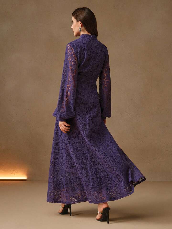 CM-DS393199 Women Elegant Seoul Style Lace Mandarin Collar Long Sleeve A-Line Dress - Purple