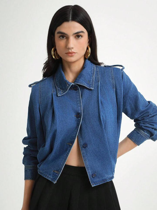 CM-TS750414 Women Elegant Seoul Style Medium Wash Collar Neckline Single-Breasted Long Sleeve Denim Blouse