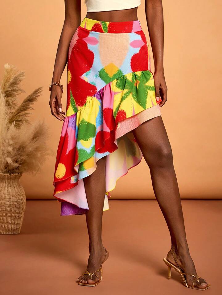 CM-BS142824 Women Trendy Bohemian Style High Waist Floral Print Asymmetric Ruffle Hem Skirt