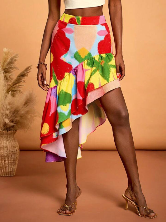 CM-BS142824 Women Trendy Bohemian Style High Waist Floral Print Asymmetric Ruffle Hem Skirt