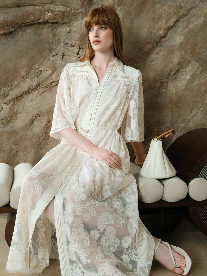 CM-DS317369 Women Trendy Bohemian Style Floral Jacquard Collar Neckline Half Sleeve High Waist Shirt Dress