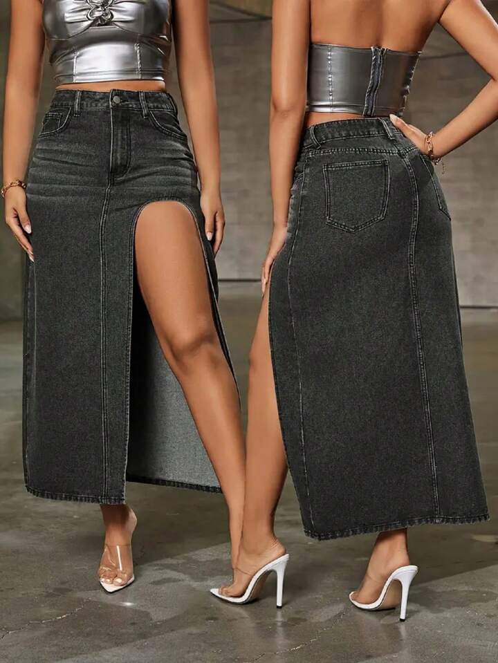 CM-BS713649 Women Casual Seoul Style Solid Color Split Thigh Denim Skirt - Black
