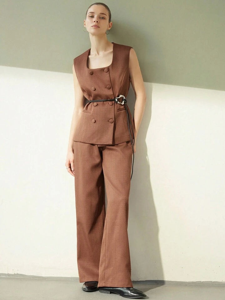 CM-SS840745 Women Elegant Seoul Style Square Neck Sleeveless Double-Breasted Pocket Decor Button Vest With Pants - Set