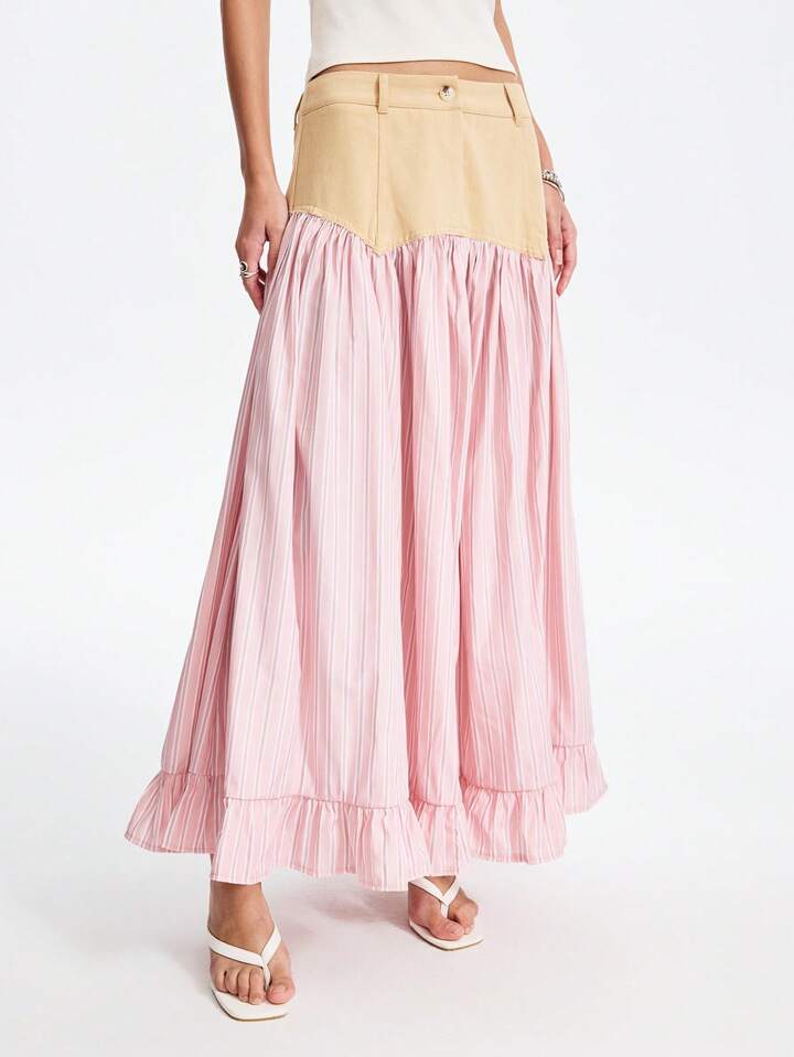 CM-BS028786 Women Casual Seoul Style Striped Asymmetric Patchwork A-Line Ruffle Hem Skirt