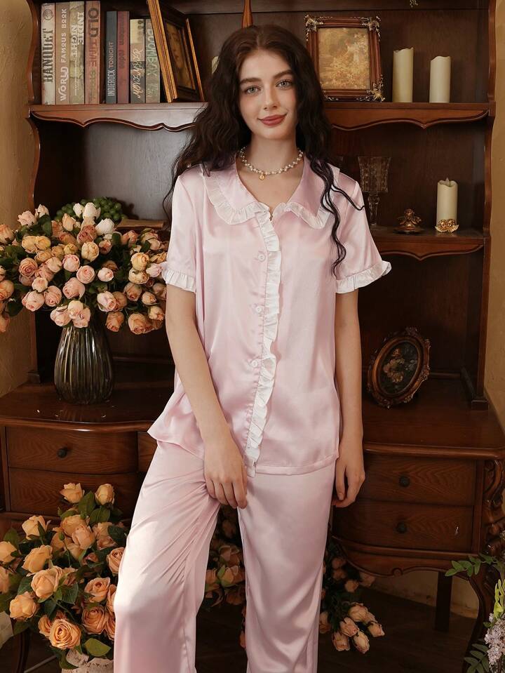 CM-LS435365 Women Trendy Seoul Style Contrast Color Ruffle Trim Loose Pajama Set - Pink