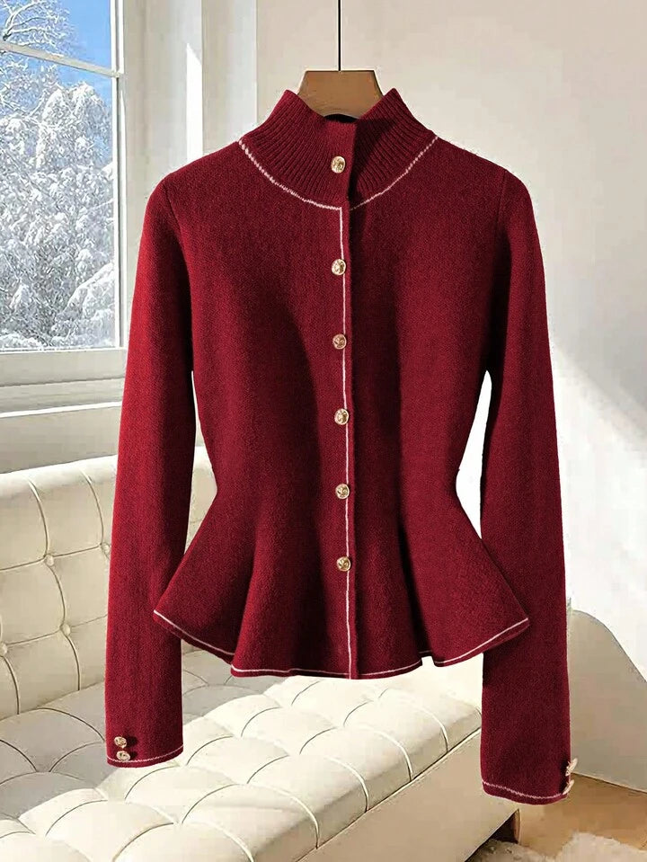 CM-CS455165 Women Elegant Seoul Style Stand Collar Button-Up Long Sleeve Ruffle Hem Cardigan - Burgundy