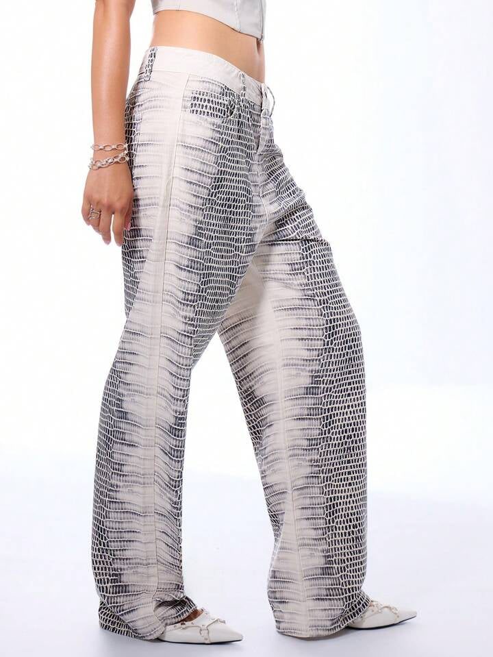 CM-BS342144 Women Casual Seoul Style All Over Print Straight Leg Low Rise Trousers