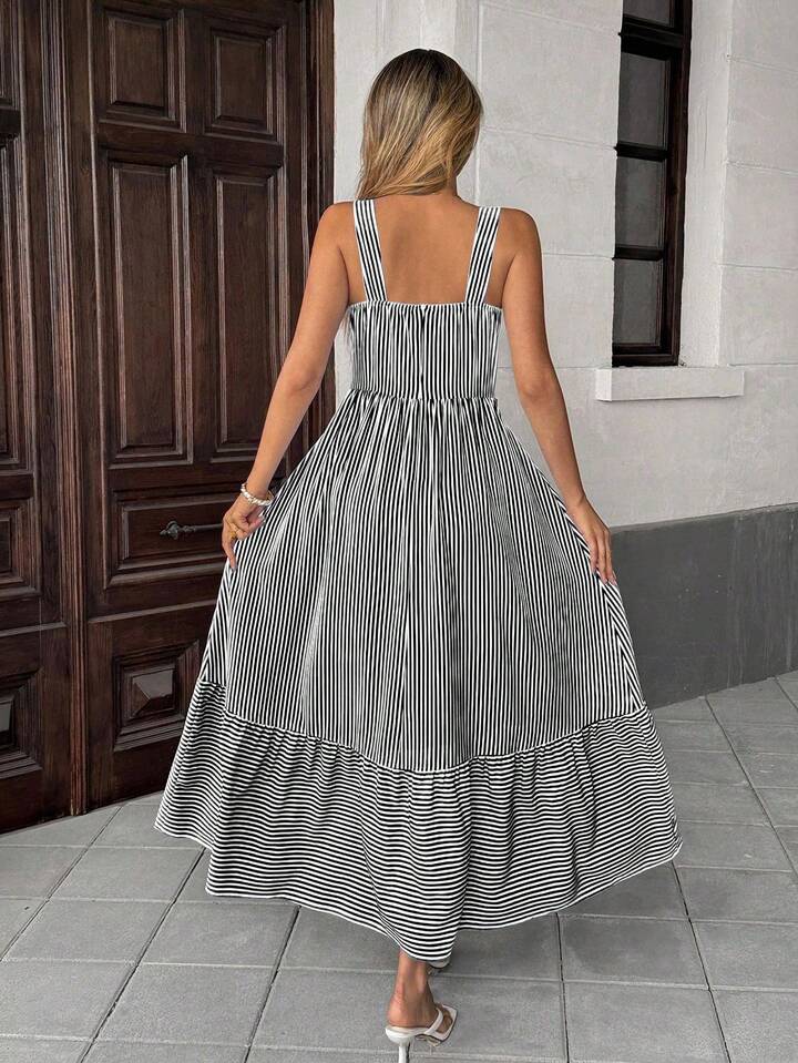 CM-DS395983 Women Trendy Bohemian Style V-Neck Sleeveless Striped Criss-Cross Dress - Black