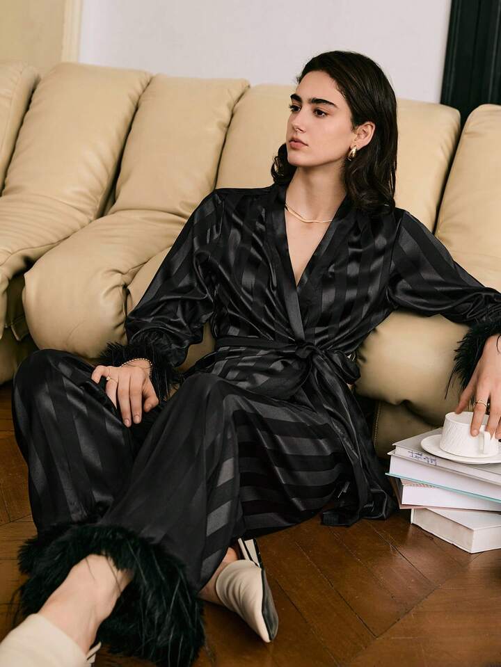CM-LS242769 Women Trendy Seoul Style Striped Satin Wool Cuff Wrist-Length SleevePajama Set - Black