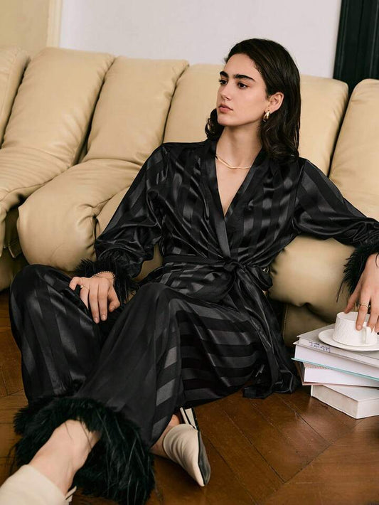 CM-LS242769 Women Trendy Seoul Style Striped Satin Wool Cuff Wrist-Length SleevePajama Set - Black