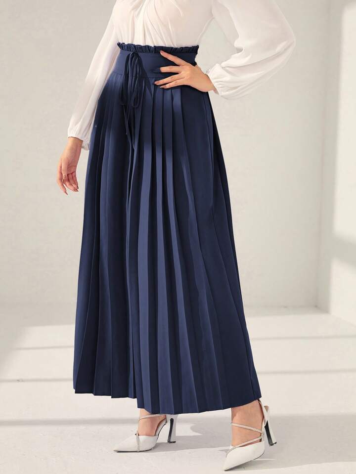 CM-BS418535 Women Trendy Bohemian Style High Waist Pleated Wide Leg Pants - Navy Blue