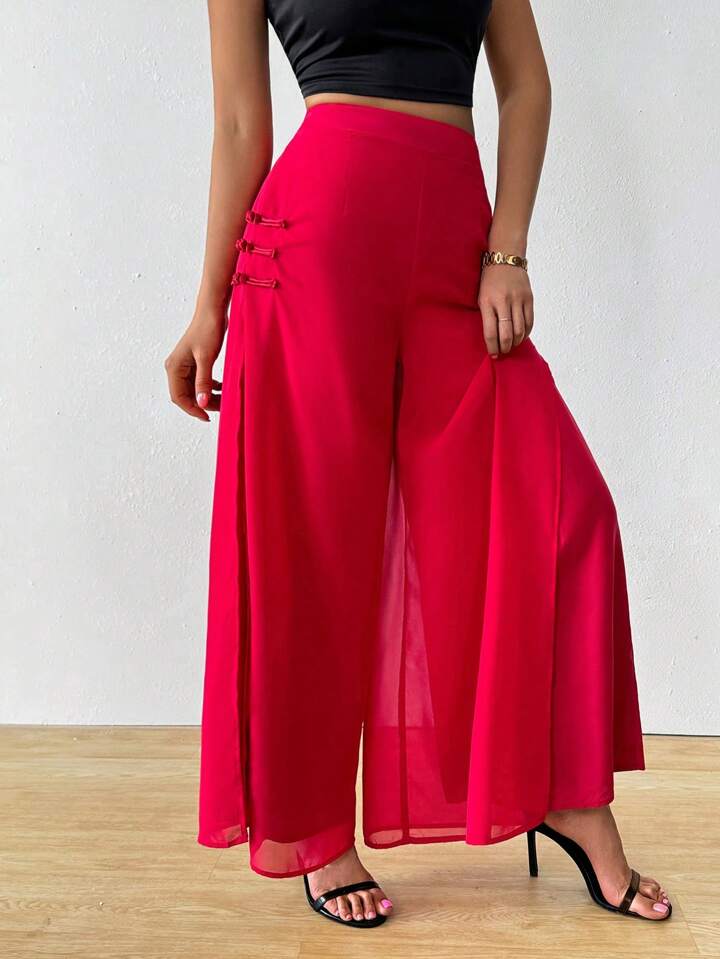 CM-BS947715 Women Casual Seoul Style Elastic Waist Flowy Chiffon Split Wide Leg Pants - Red