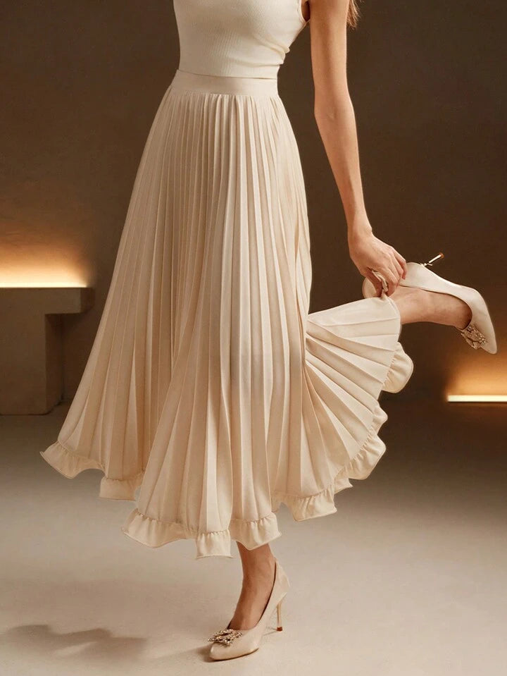 CM-BS741398 Women Elegant Seoul Style Pleated Woven Ruffle Hem Long Skirt - Apricot