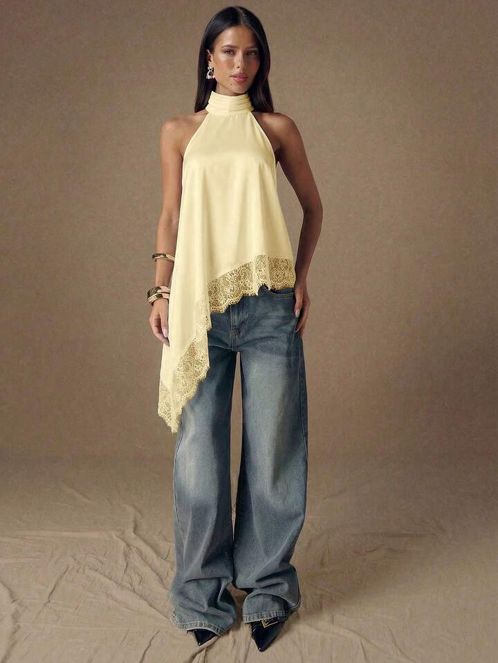 CM-TS451934 Women Elegant Seoul Style Lace Satin Patchwork Sleeveless Trim Backless Camisole Top - Yellow