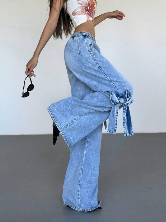 CM-BS959212 Women Casual Seoul Style Bow Decor Patch Pocket Wide Leg Denim Jeans - Blue