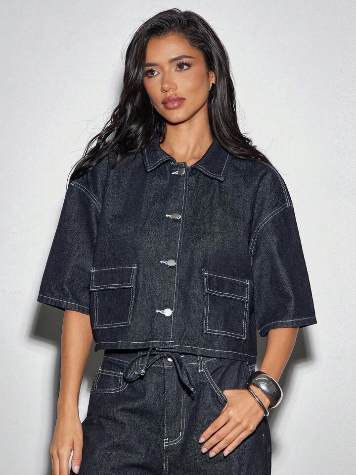 CM-TS949244 Women Elegant Seoul Style Dark Wash Collared Short Sleeve Button Front Boxy Fit Denim Top