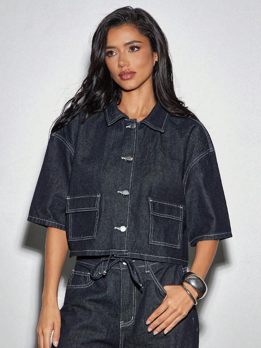 CM-TS949244 Women Elegant Seoul Style Dark Wash Collared Short Sleeve Button Front Boxy Fit Denim Top