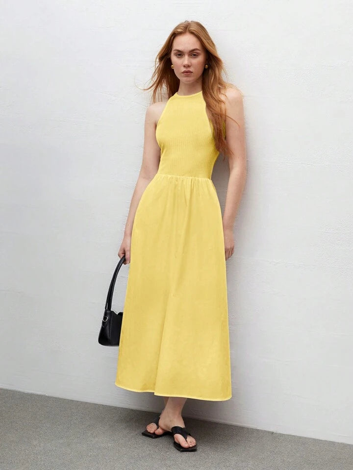 CM-DS644434 Women Trendy Bohemian Style Round Neck Sleeveless High Waist Slim Fit Dress - Yellow