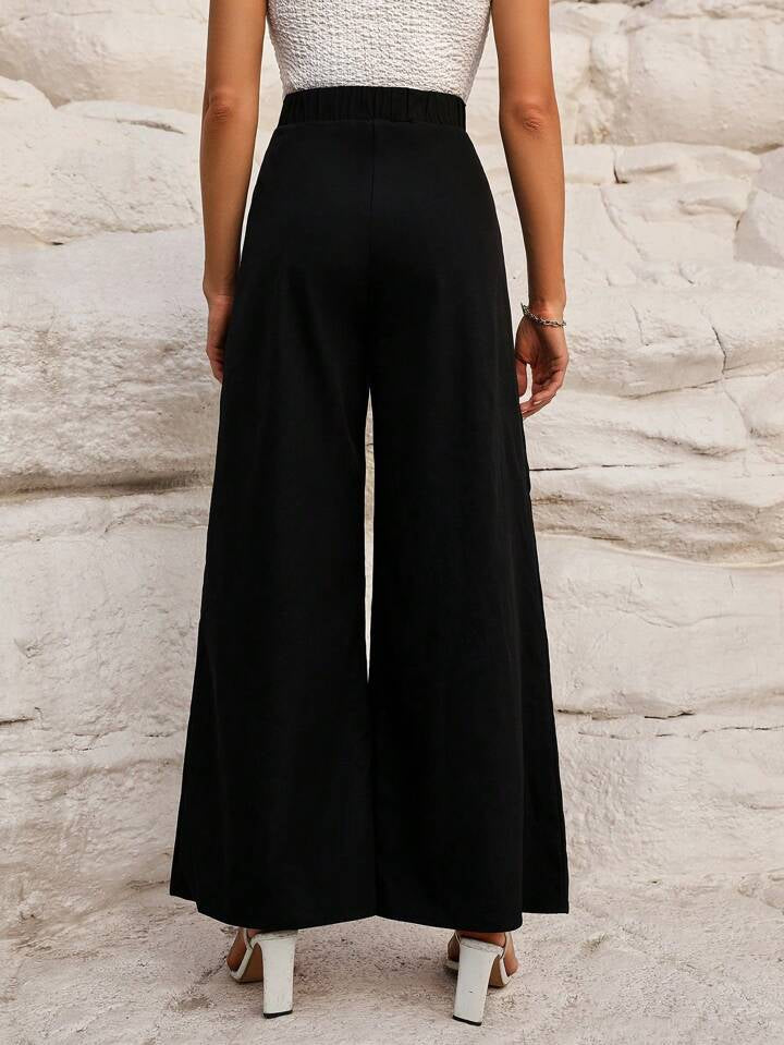 CM-BS012207 Women Casual Seoul Style Ultra High Waist Zipper Wide Leg Pants - Black