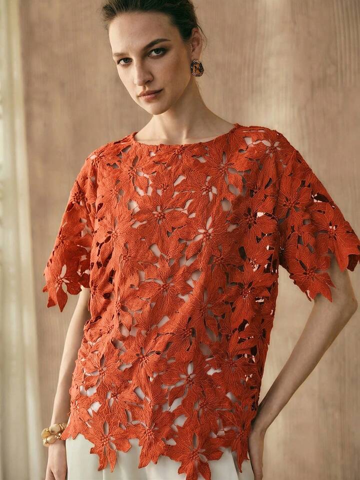 CM-TS529067 Women Trendy Bohemian Style Embroidered Round Neck Short Sleeve Top - Orange