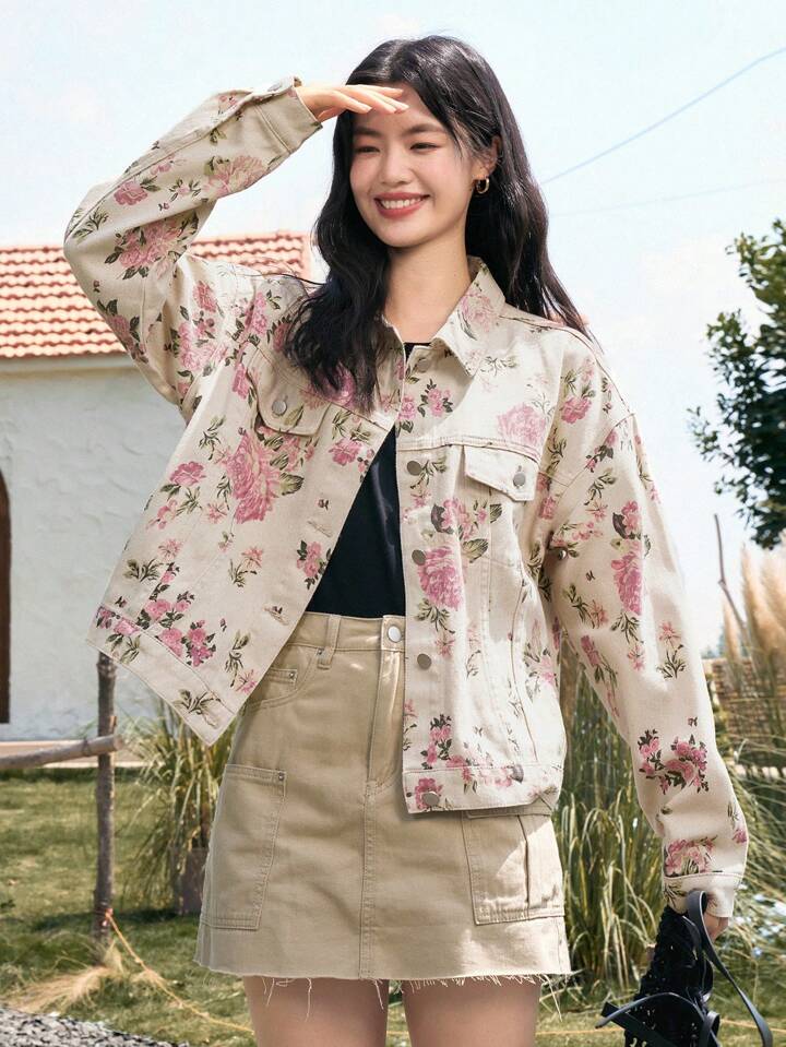 CM-CS898813 Women Casual Seoul Style Floral Print Drop Shoulder Flap Pocket Denim Jacket - Apricot
