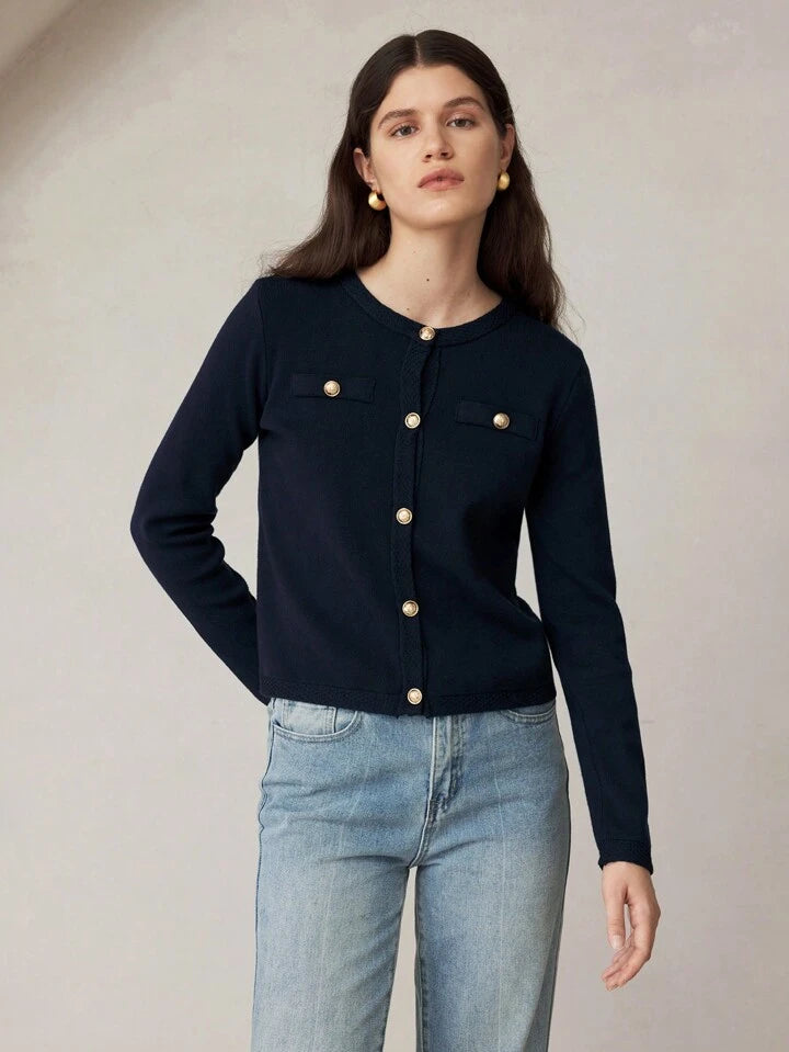 CM-CS353335 Women Casual Seoul Style Crew Neck Long Sleeve Cardigan Sweater - Navy Blue