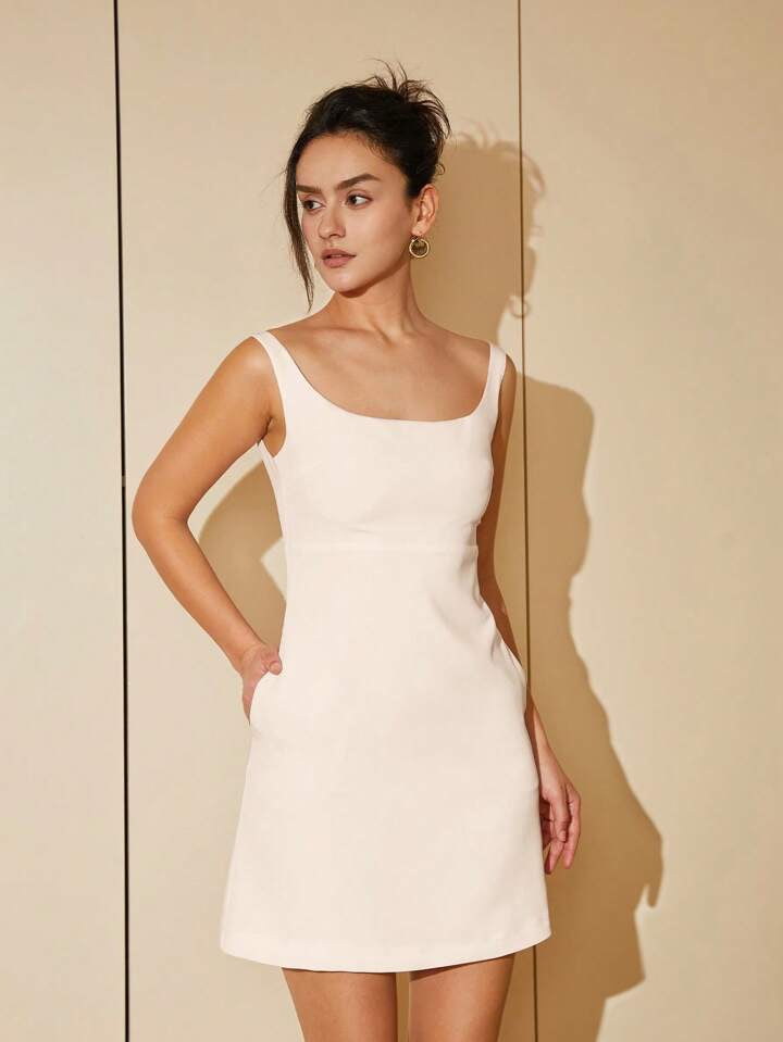 CM-DS239207 Women Elegant Seoul Style Solid Scoop Neck Sleeveless Mini Dress - White